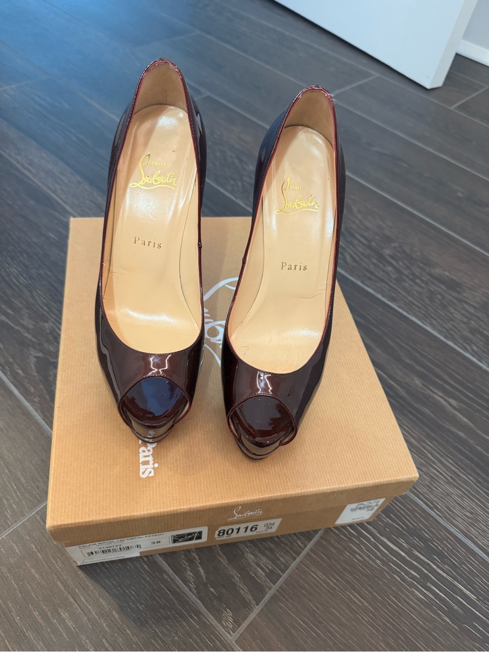 Christian Louboutin Patent Peep-Toe Pumps - Deep Burgundy